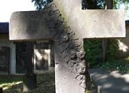 Ein altes Grabkreuz mit Efeu und Rosen umrankt.