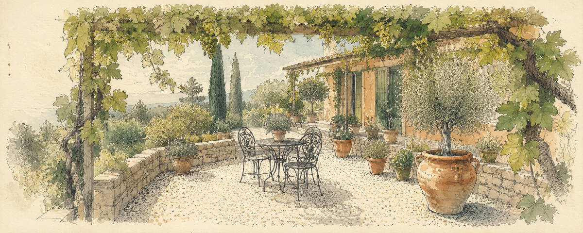 Kiesbelag einer mediterranen Terrasse