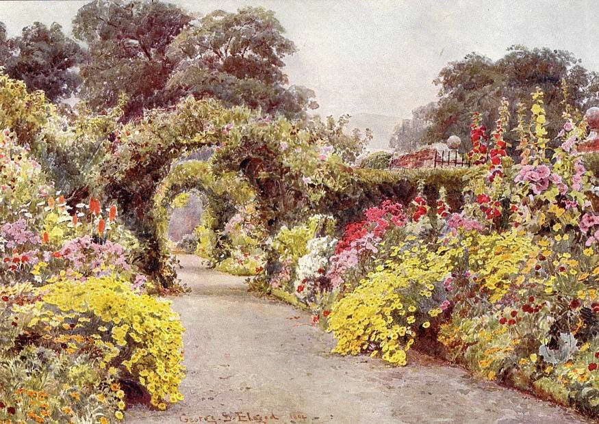 Malerischer Architekturgarten mit üppiger Blumenbepflanzung.